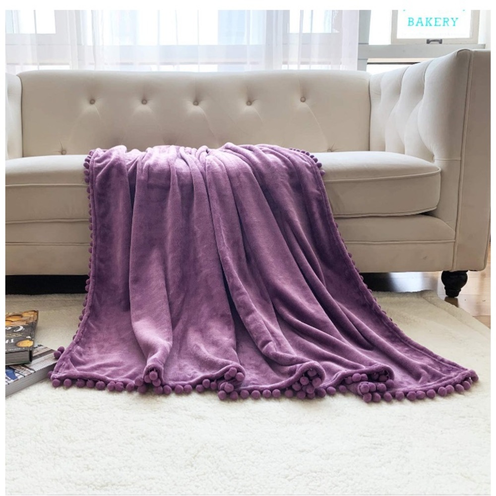 Purple Pompom Fringe Chic Cozy Soft Throw Blanket/Cover - Picture 4 of 16
